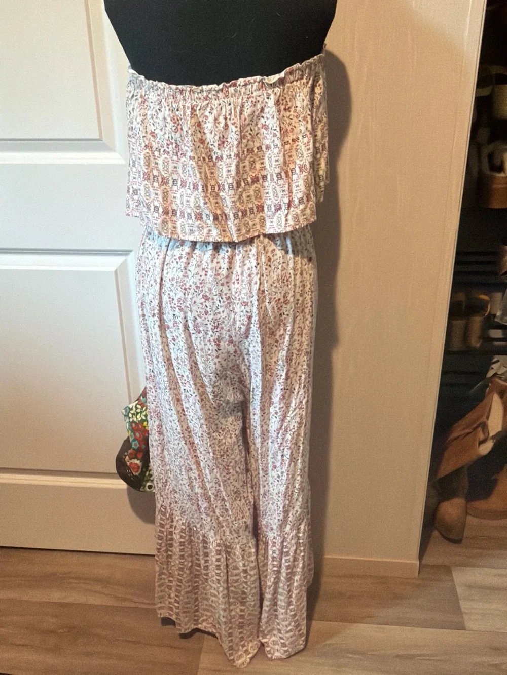 Japna Strapless Floral Maxi Jumpsuit in White and Pink